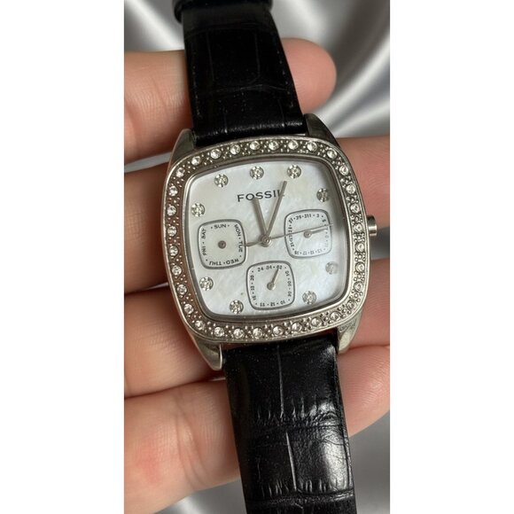 Fossil Women’s Silver Crystal Bezel Watch ES-1011 | Black Croc Leather Band - Picture 2 of 4